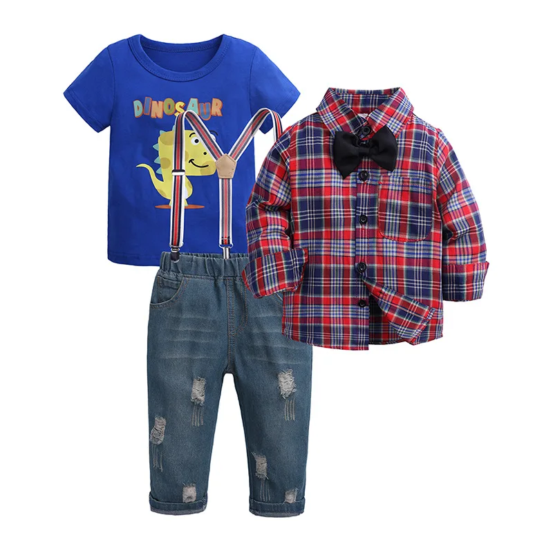 

3PCS Kids Boy Girl Clothing Sets 2019 Spring Summer Short Sleeves Dinosaur T-Shirt+Jeans+Long Sleeves Boy Shirt Outfit Aged 2-7Y