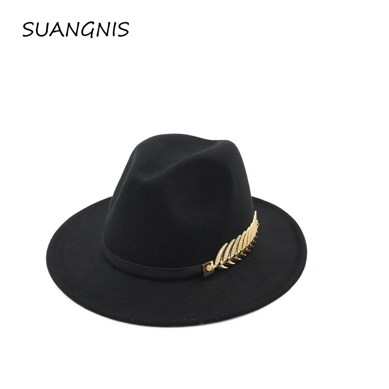 

Woolen Felt Hat Panama Jazz Fedoras hats with Metal Leaf Flat Brim Formal Party And Stage Top Hat for Women men unisex