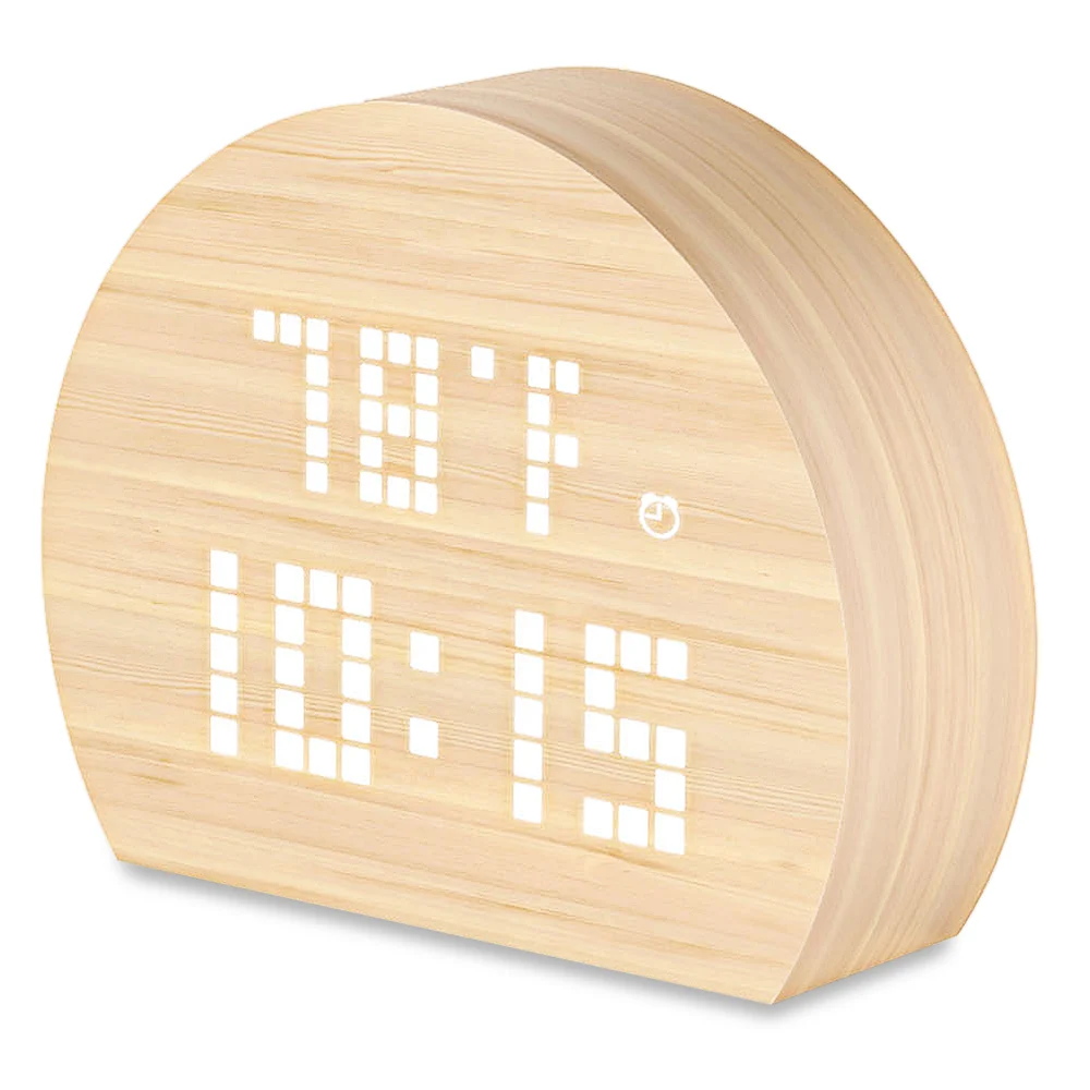 

Semicircle LED Digital Alarm Clock Voice Control Time Temperature Humidity Display Home Office LED Display Thermometer Wooden
