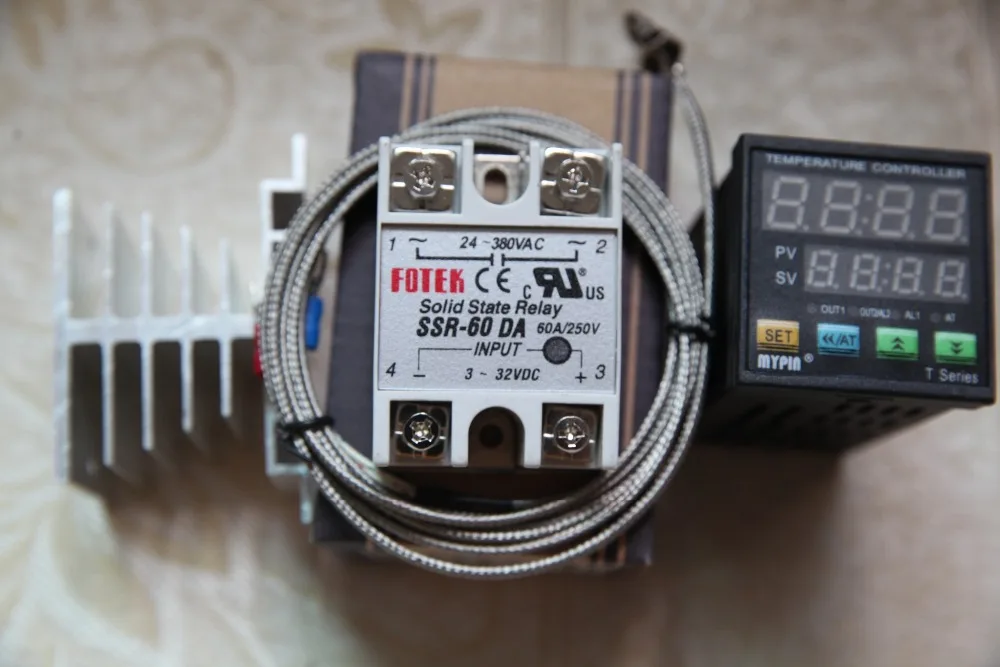

90-265V AC/DC Digital F/C PID Temperature Controller Thermostat TA4-SNR(SSR output 1 alarm) + 2M k Sensor+ 60A SSR DA+Heat Sink