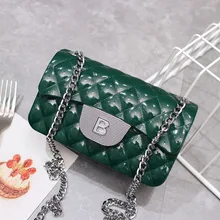 Мода Решетки Алмаза Желе Сумка Металлическая Цепь Crossbody Сумка для Женщин Вскользь Письмо Малый Плеча Сумки