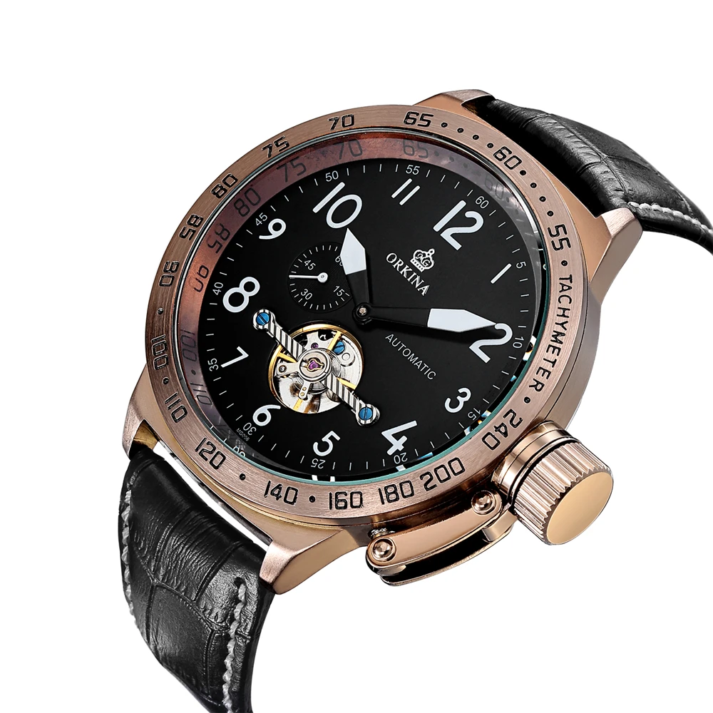 Механические Мужские часы ORKINA Skeleton Tourbillon, автоматические, классические, розовое золото, кожа, механические наручные часы, Reloj Hombre - Цвет: 10