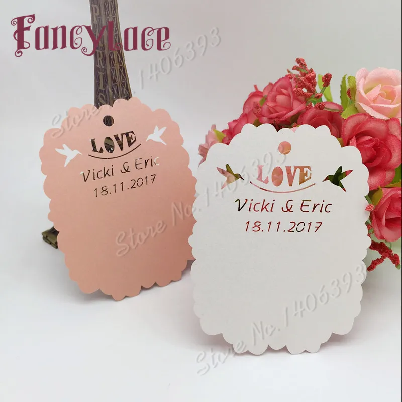 60 Pz/Lotto Pearl Paper Laser Cut Etichetta Rettangolo Blank Tag Altalena Costom Amore Uccello Matrimonio Festa Di Compleanno Regalo Desiderio Saluti 