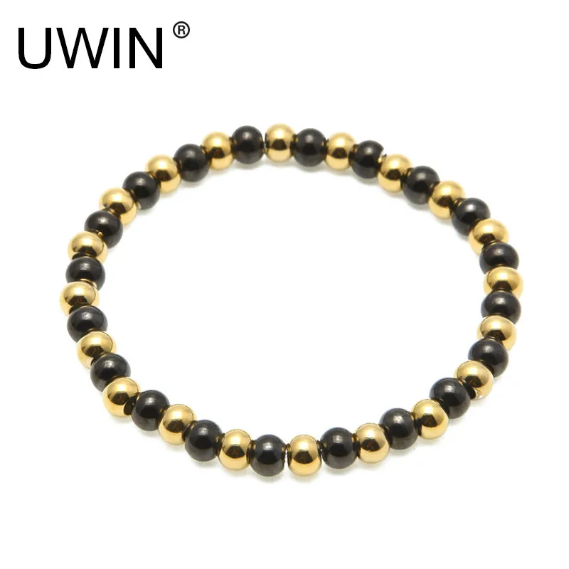 

UWIN Men Women Stainless steel Bracelet Stretchable 6MM Round Beads Gold Black Bracelets Fashion Punk Jewelry 20cm
