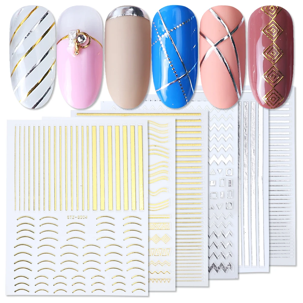 

26pcs Nail Decals Metal Gold Silver Stripe Tape Lines Point Wave 3D Stickers Geometric Hollow Liner Foil Tattoo BESTZG001-013-1