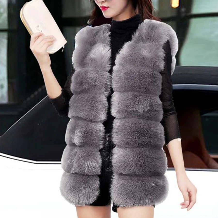 Koop Herfst Winter Faux Fur Coat Vrouwen Dikke Warme Bont Elegante Mouwloze Lange Vest Vrouw Casual Slim Luxe Dikke Warme Bont jas