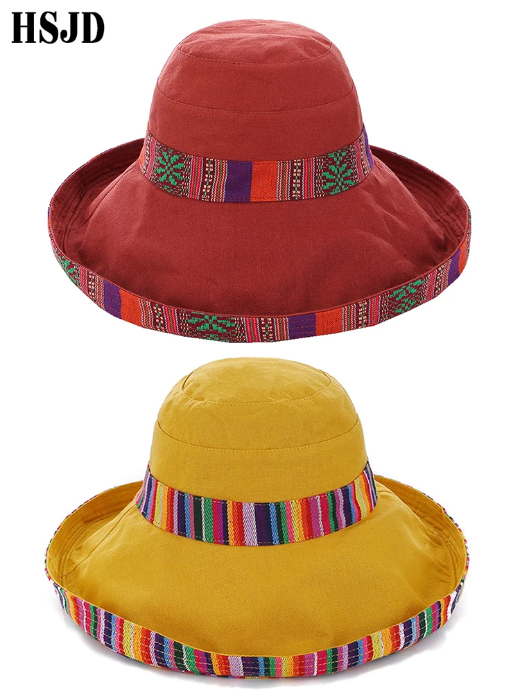 

Bohemia Female Double-sided Cotton Sun Hat Large Wide Brim Anti-UV Beach hat 2019 New Women Summer Foldable Sun Hats Bucket Hat