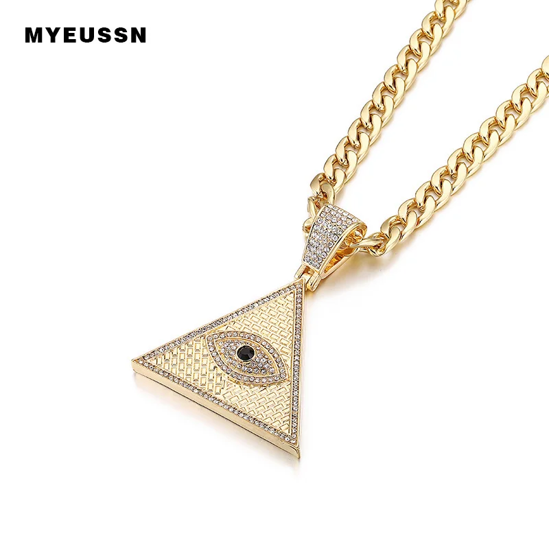 

Triangle Egyptian Pyramid Necklaces&Pendant with cuban chain Iced Out Illuminati Evil Eye Of Horus Gold/Silver Hip Hop jewelry