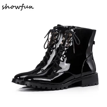 

Women's patent leather lace-up flats martin boots brand designer high quality Motorcycle short booties winter waterproof shoes