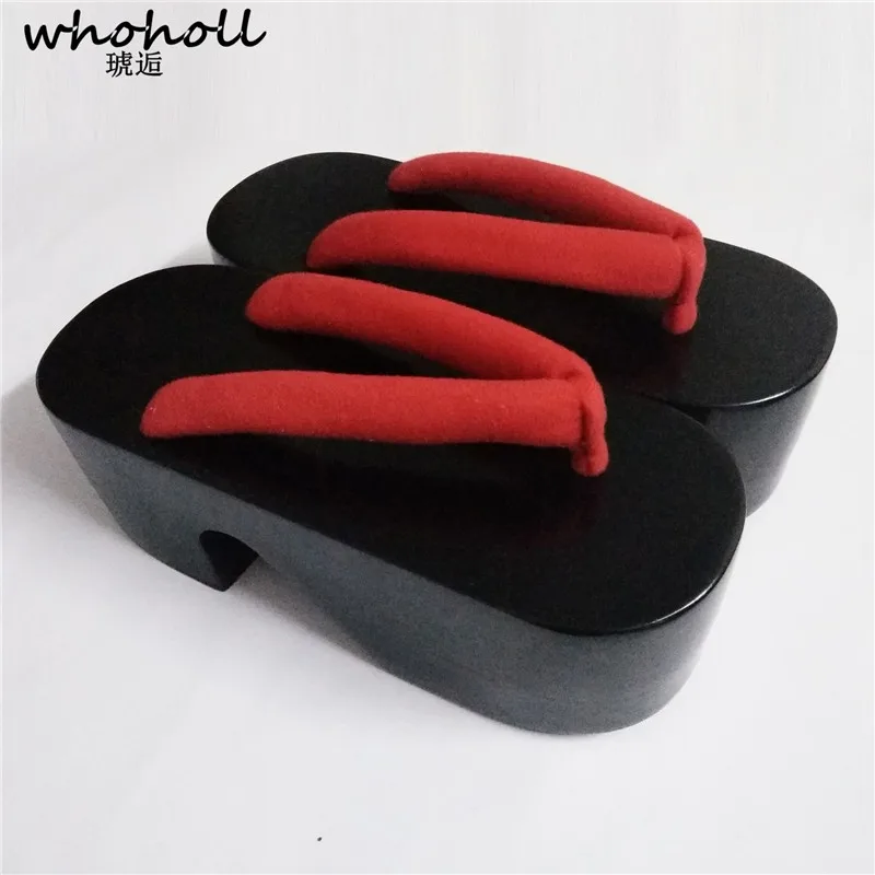 

WHOHOLL 2019 Cos Geta Women Slippers Japanese Geta Sandals Wooden Clogs Flip-flops Black Lacquered Thick Platform Wooden Shoes