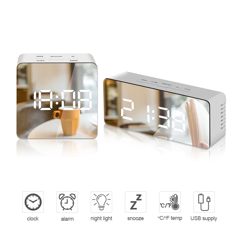 

Digital Alarm Clocks Electronic led Alarm Clocks with Date Temperature Portable Smart Mirror Clock with USB Charger