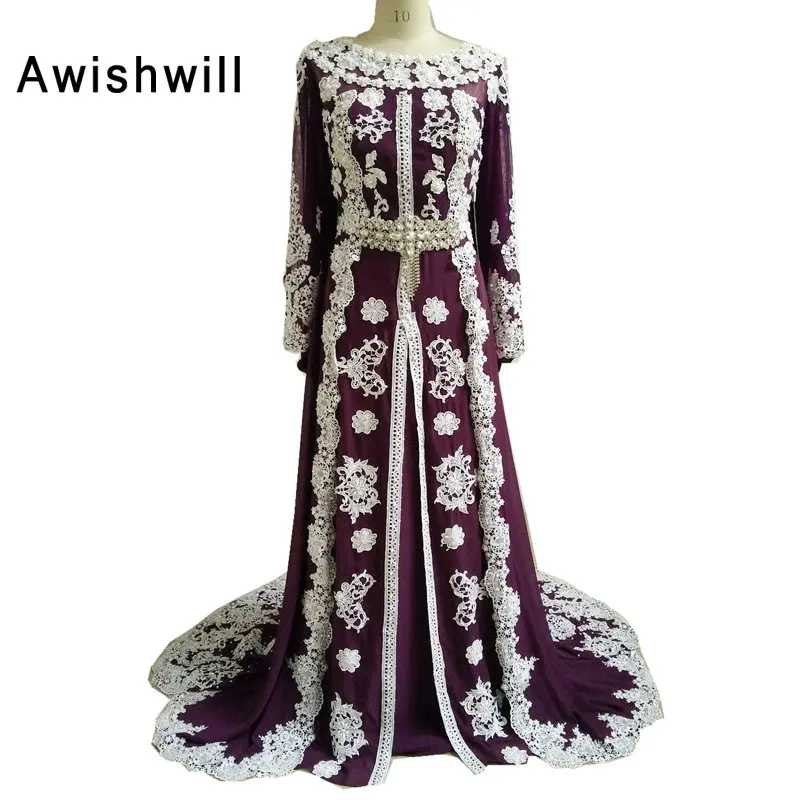 

100% Real Photo Moroccan Kaftan Dress Long Sleeves Beaded Lace Chiffon Women Elegant Evening Dresses Muslim Arabic Party Dress