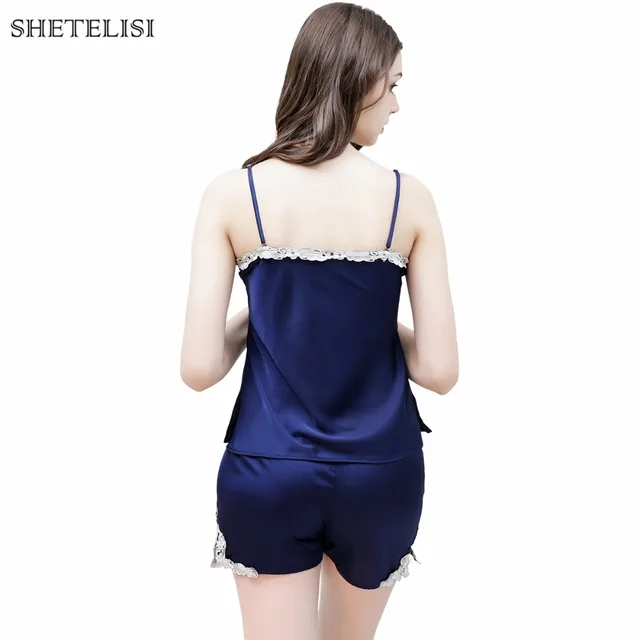 SHETELISI New Solid Color Embroidery Lace Satin Chiffon Women’s Pajama Sets Pajamas with Sexy Short Pant sp0054