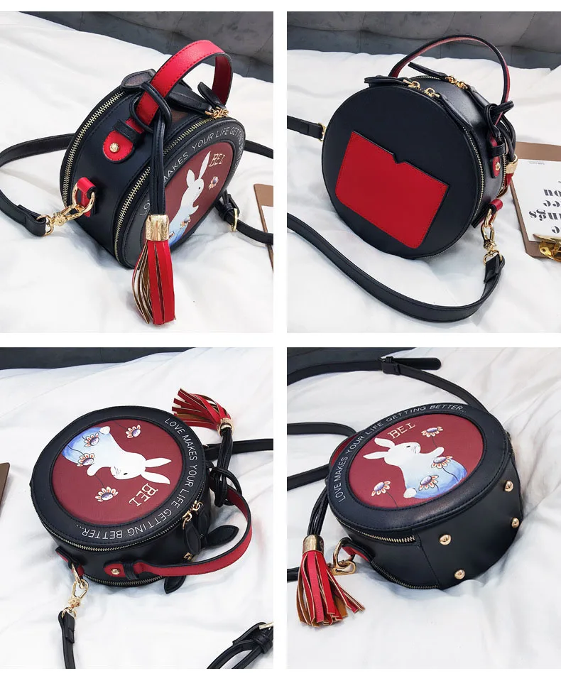 Rabbit Printing Bag Ladies Sweet Round Crossbody Bags Women Leahter Circle Handbags Girl Alice's Mini Black Blue Messenger Purse (5)