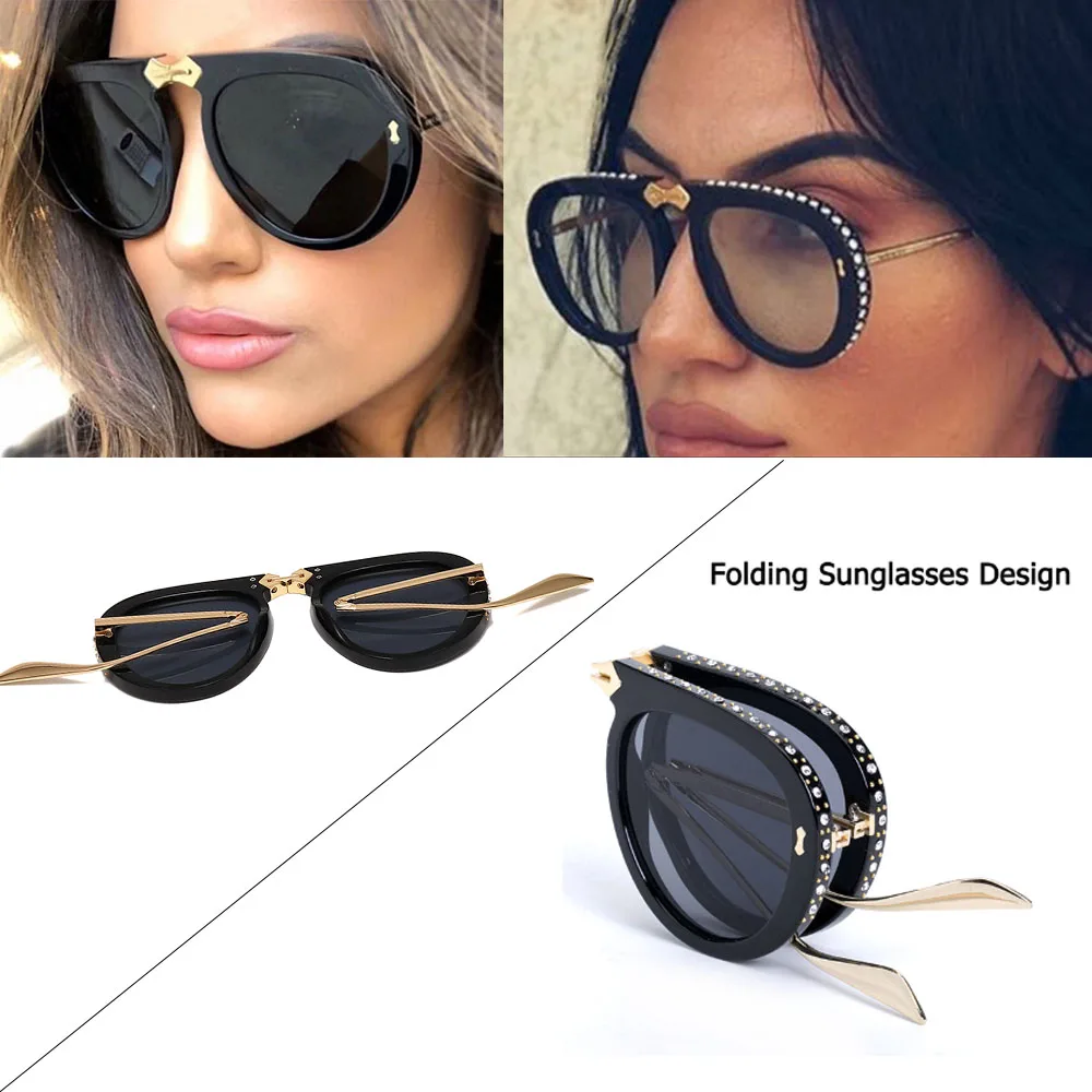 2019 New Fashion Folding Portable Style Pilot Sunglasses Women Diamond Decoration Fold Brand Design Sun Glasses Oculos De Sol
