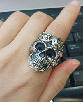 

Individual men skull and head opening ring S925 pure silver antique style punk. Hip hop style arbitrary matching style fashion