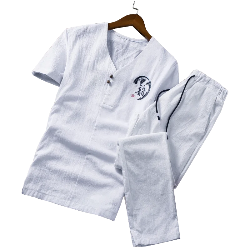  embroidery men two-piece Summer short-sleeved men tshirt with drawstring strap Ankle Length pants W