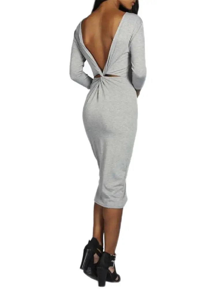 

MISSKY Yesfashion Women's Sexy Knitting Three Quarter Sleeve Cross Backless Solid Pencil Dress