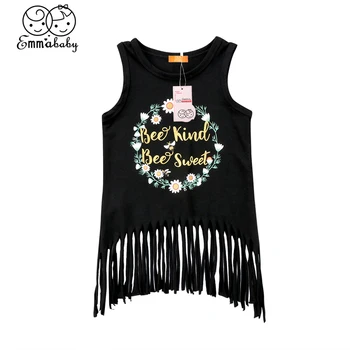 

arrival Sweet Lovely Newborn Baby Girls T-Shirts Summer Sleeveless O-Neck Pullover Letter Floral Print Black Tassel Tops 1-6Y