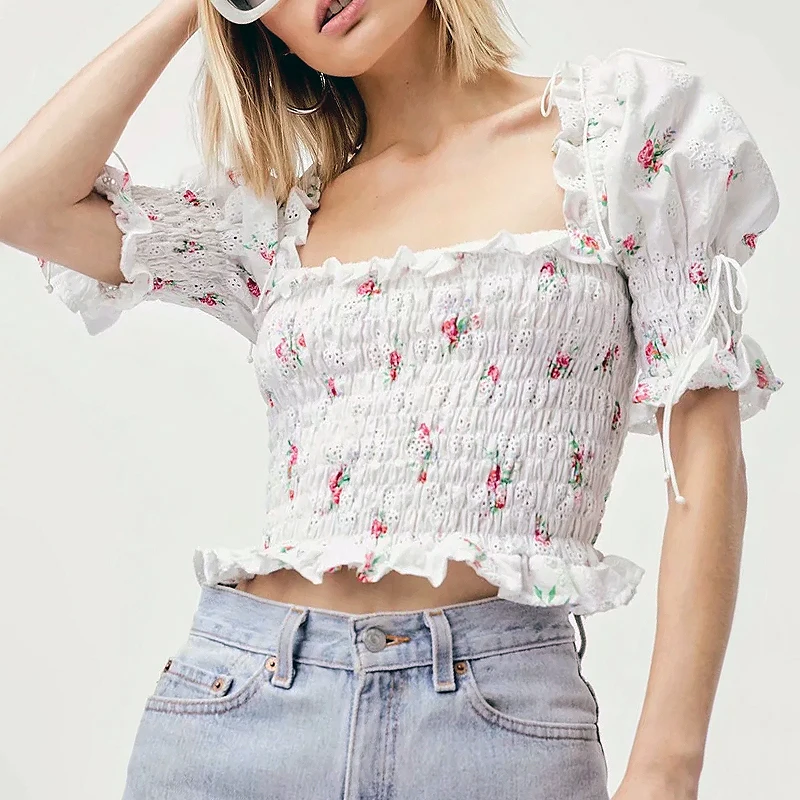

2019 print blouse Women Shirring Floral Print Bardot Top With Puff Sleeve Women square Neck Crop Top with Puff sleeves