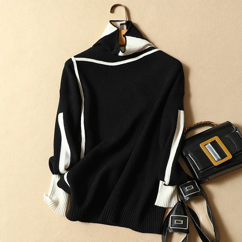 

Thick Turtleneck Warm Women Sweater Autumn Winter Patchwork Knitted Femme Pull High Elasticity Soft Female Pullovers Sweater
