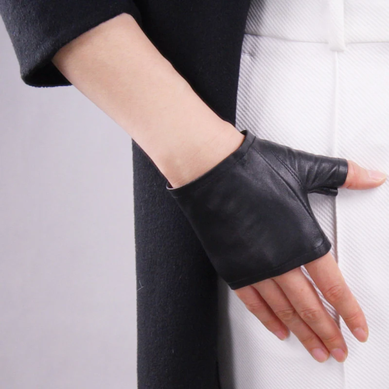 Женские перчатки из натуральной кожи, женские тонкие стильные модные черные варежки из овчины, короткие дизайнерские перчатки без пальцев TB07