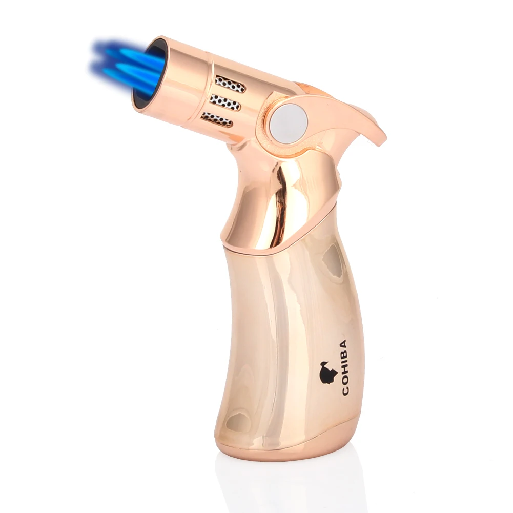 COHIBA многоразовые газовые зажигалки с бутаном, ветрозащитная, 4 струйная металлическая зажигалка для сигар, настольный пистолет, сигаретный фонарь, зажигалка, инструмент для курения - Цвет: Золотой