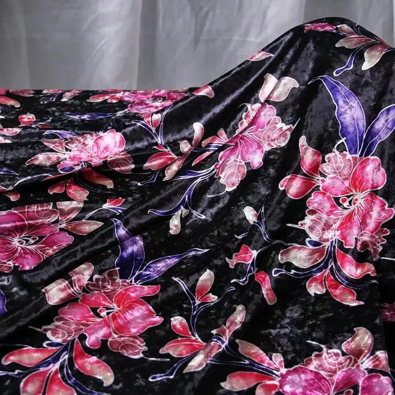 

2018 new 150cm wide silk velour fabric silk velvet fabric for velvet dress silk fabric autumn printed silk velvet fabric LL016