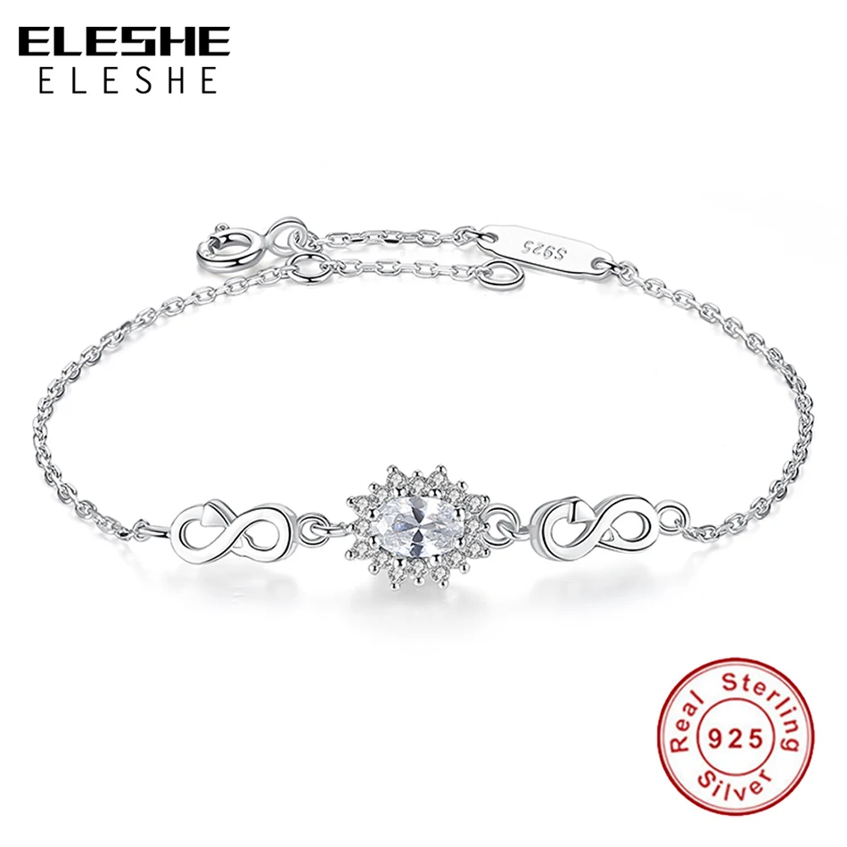 ELESHE 925 Sterling Silver Infinity Charm Bracelet with Round Crystal Adjustable Bracelets for Women Jewelry Christmas Gift