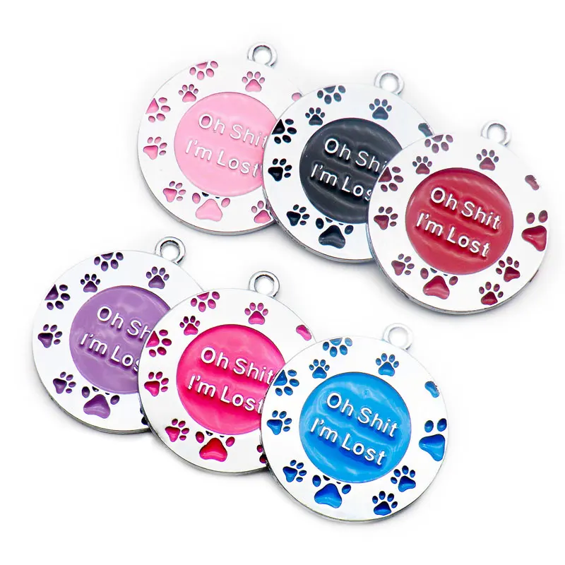 Custom pet tag ID, Personalized Stainless Steel Oh Shit I'm Lost Dog tag,  Engraved Cute paw for Puppies with Ring Included (Shiny Round Cat)