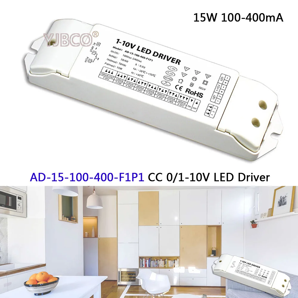 

0/1-10V led dimming driver;AD-15-100-400-F1P1;AC100-240V input; 3-54VDC output 15W 100-400mA CC 0/1-10V LED Driver