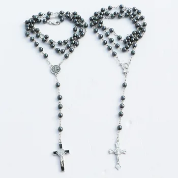 

12pcs 2style 6mm hematite rosaries beads necklaces men women Prayer rosary catholic chotk jesus christ cross pendant jewelry