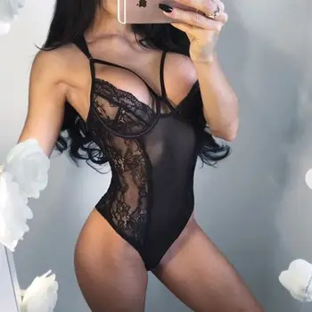 

Women Sexy Lingerie Nightwear Deep V Sleepwear Solid Black Lace Babydoll Lace G-string Underwear