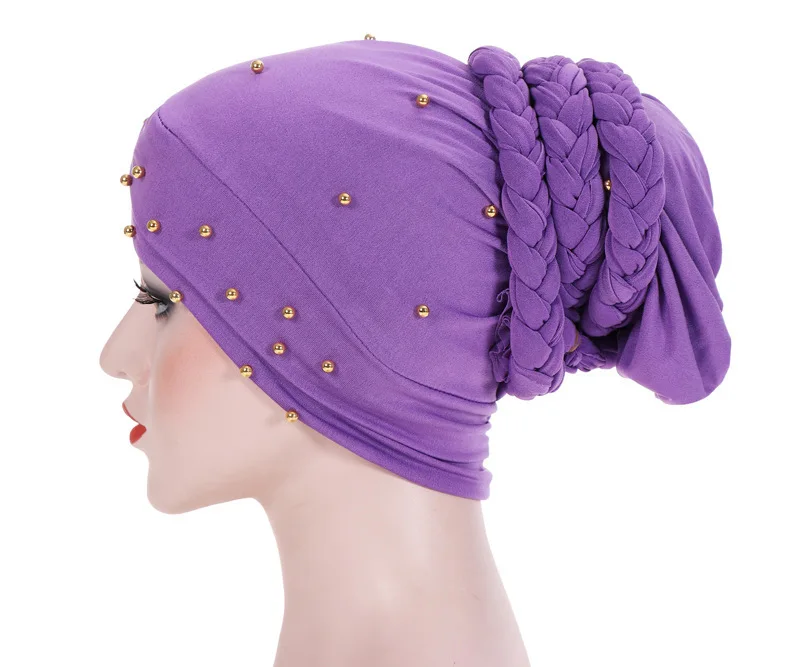 Luxury Beaded Braid Style Pearled Turban Long Head Scarf Headwrap Women Muslim Hijabs Bandanas Hair Accessories