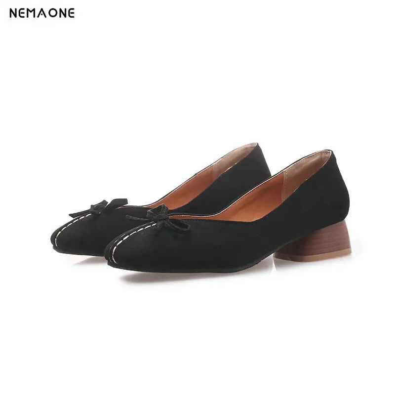 

NEMAONE ladies pumps women shoes low heel simple new arrive square toe flock leisure spring summer autumn casual shoes