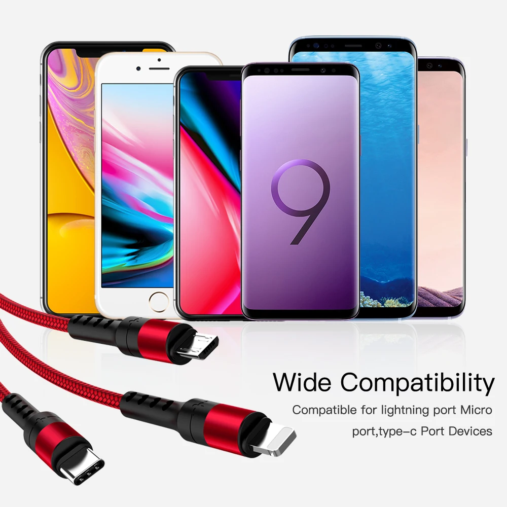 3 в 1 USB кабель 8Pin type C Micro USB быстрая зарядка кабель для iPhone X 8 7 Plus samsung S9 S10 Xiaomi Mi6 провод для быстрой зарядки