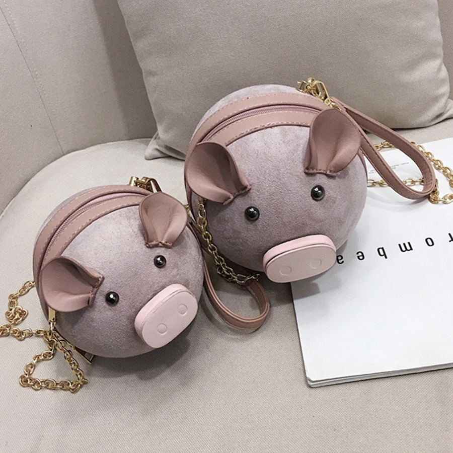 

Kawaii Suede Pig Bag Women Handbags Chic Chain Round Bag Cartoon Pig Crossbody Bag For Women Shoulder Messenger Bags Lady Purse