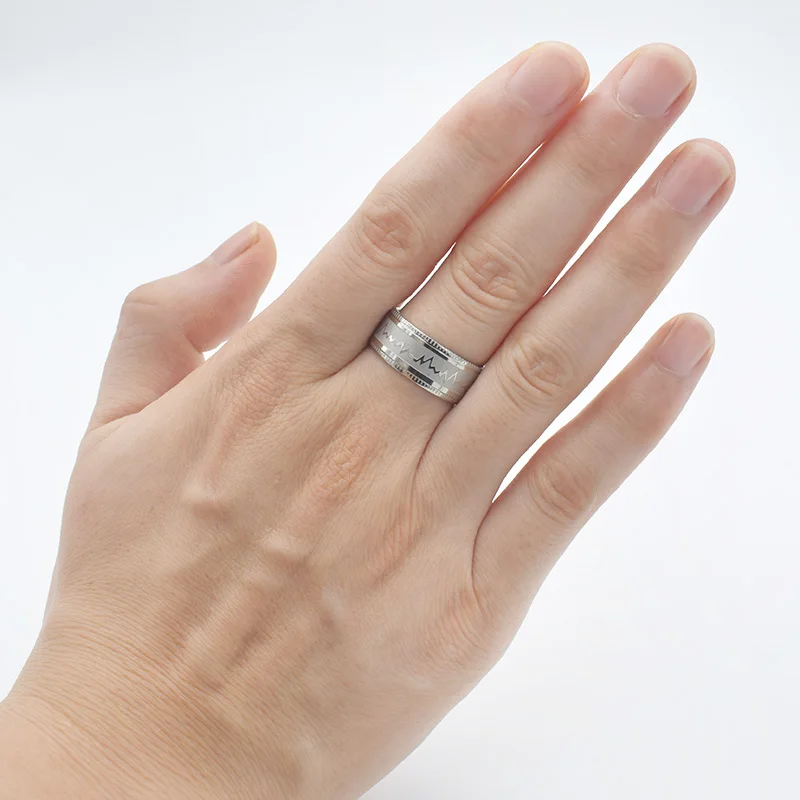 Винтажные серебряные цветные стальные волнистые кольца женские ширина 8 мм Мода электрокардиограмма сердце Свадебные кольца из нержавеющей стали мужские ювелирные изделия