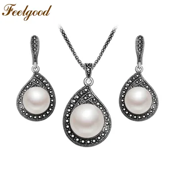 

Feelgood Silver Color Vintage Jewelry Set Black Crystal And Imitation Pearl Water Drop Pendant Necklace And Earrings Sets
