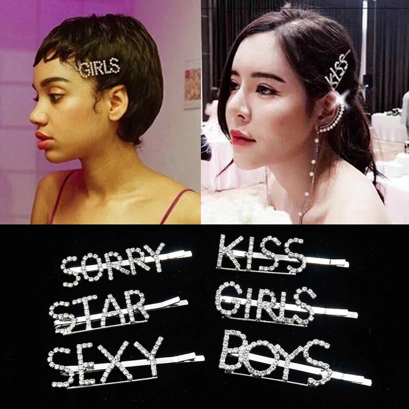

European and American net red letters INS hair accessories Joker rhinestone Kiss Love clip hair clip bangs clip children