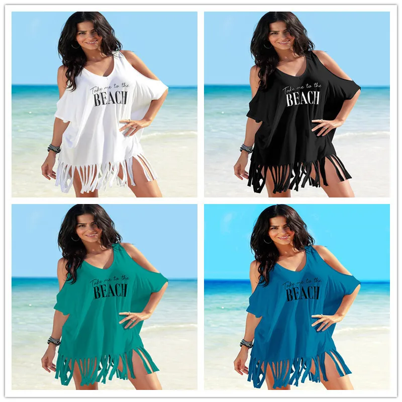 

Swimsuit Beach Women Dress Capes Womens Summer Dresses Swimsuits Print Letters Shoulders Skirt Loose Large Size For Cotton Solid