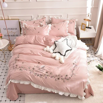 

Yellow green cute rabbit Embroidery Egyptian Cotton Bedding Set Duvet Cover Bed Linen Bed sheet Pillowcases 4pcs for kids gift