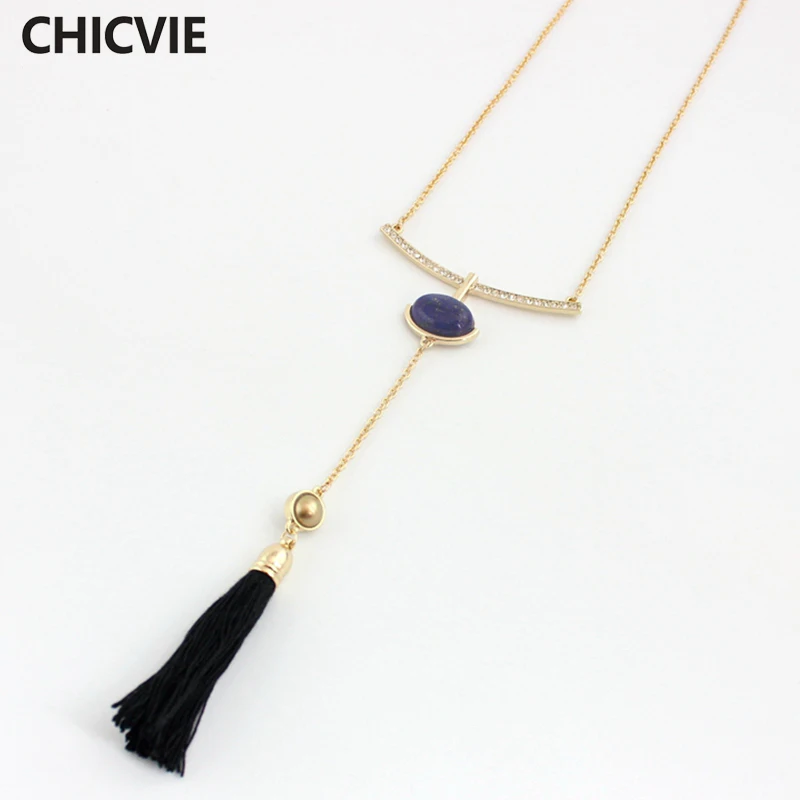 

Classic Black Tassel Necklaces & Pendants Gold Sweater Chain Necklace with natural stone for Women Lady Girls Jewelry SNE160166