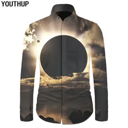 YOUTHUP 2018 рубашки Для мужчин 3D печатных Eclipse Slim Fit рубашки с длинным рукавом Для мужчин Повседневное забавные рубашка уличной блузка Homme