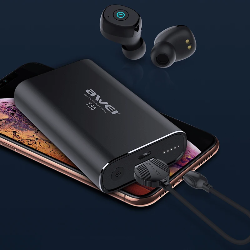

Awei T85 TWS Twins True Wireless Earphones Bluetooth V5.0 In Ear Sport Earbuds IPX4 Waterproof For Running With Recharge Base