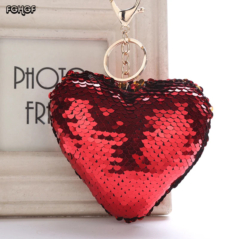 

FGHGF new reflective bright heart heart key pendant glitter sequin heart ladies bag pendant colorful sequin heart keychain