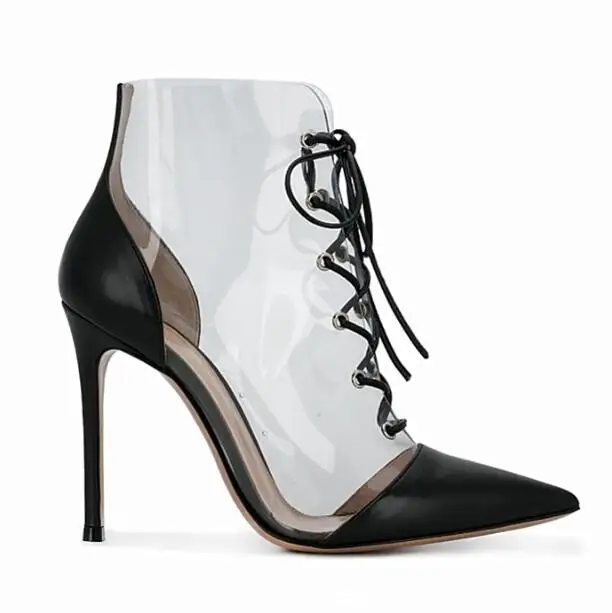 

Hot Selling Poitned Toe PVC Patchwork High Heel Boots 2019 Sexy Lace-up Woman Thin Heels Ankle Boots Riding Boots
