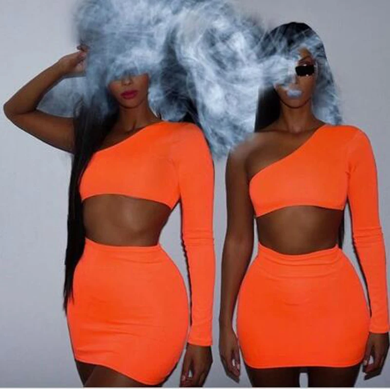 

2019 New Arrivals One Shoulder Two Pieces Set Sexy Tops and Skirts Tracksuits Party Set
