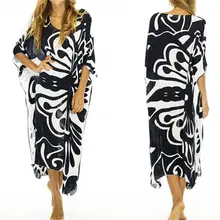 Черно-белое летнее пляжное платье с принтом, женская пляжная одежда, Шифоновая туника размера плюс, платье миди с рукавами для купания, Sarong plage N752
