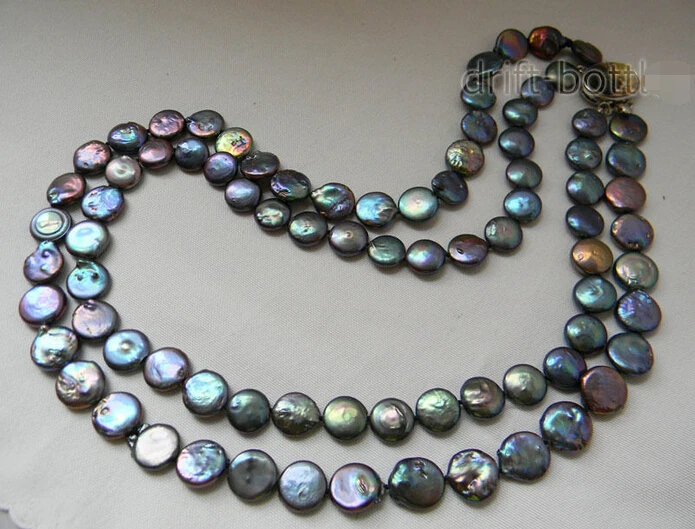 

Free shipping@@@@@ 2STRANDS 21'' 13MM Black Coin Freshwater Pearl Necklace